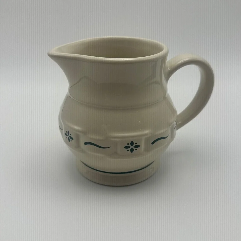 Longaberger Pottery Woven Traditions Ivory Creamer Pitcher Dark Green USA Made